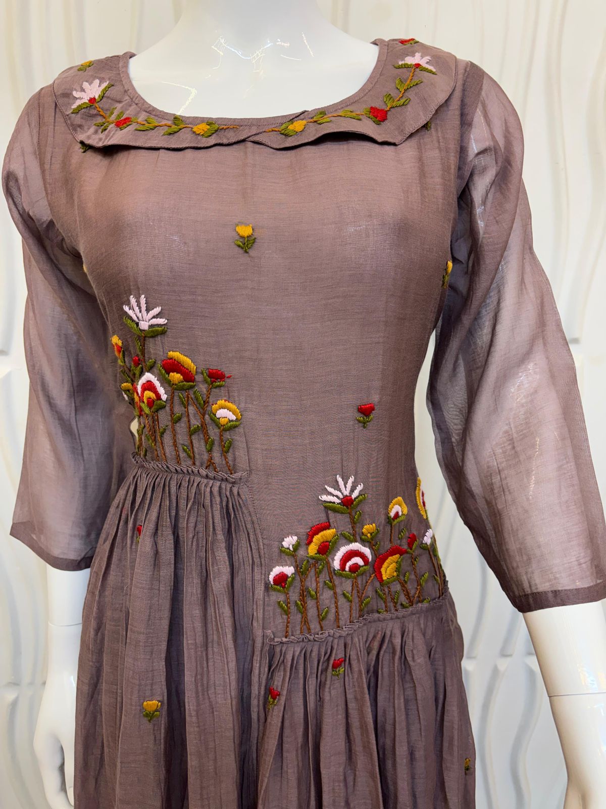 Dusty Mauve Chinnon Frock with Floral Embroidery & Layered Flare
