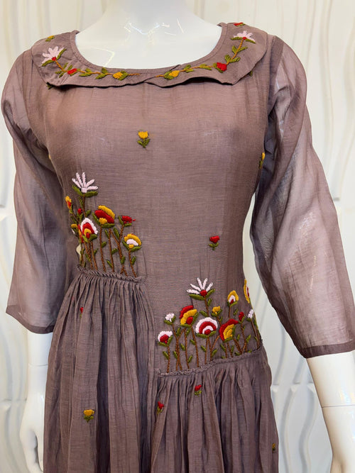 Dusty Mauve Chinnon Frock with Floral Embroidery & Layered Flare
