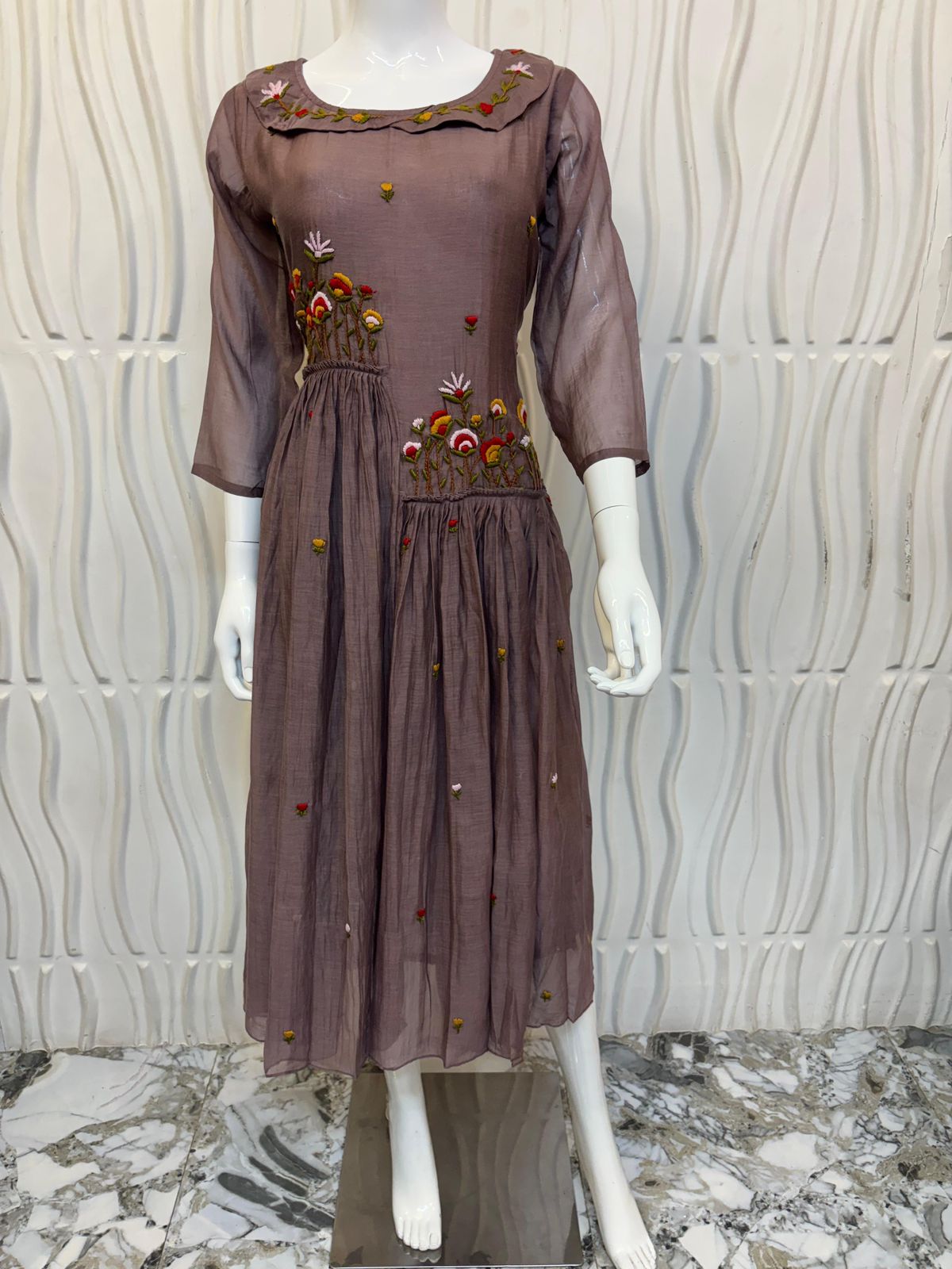 Dusty Mauve Chinnon Frock with Floral Embroidery & Layered Flare