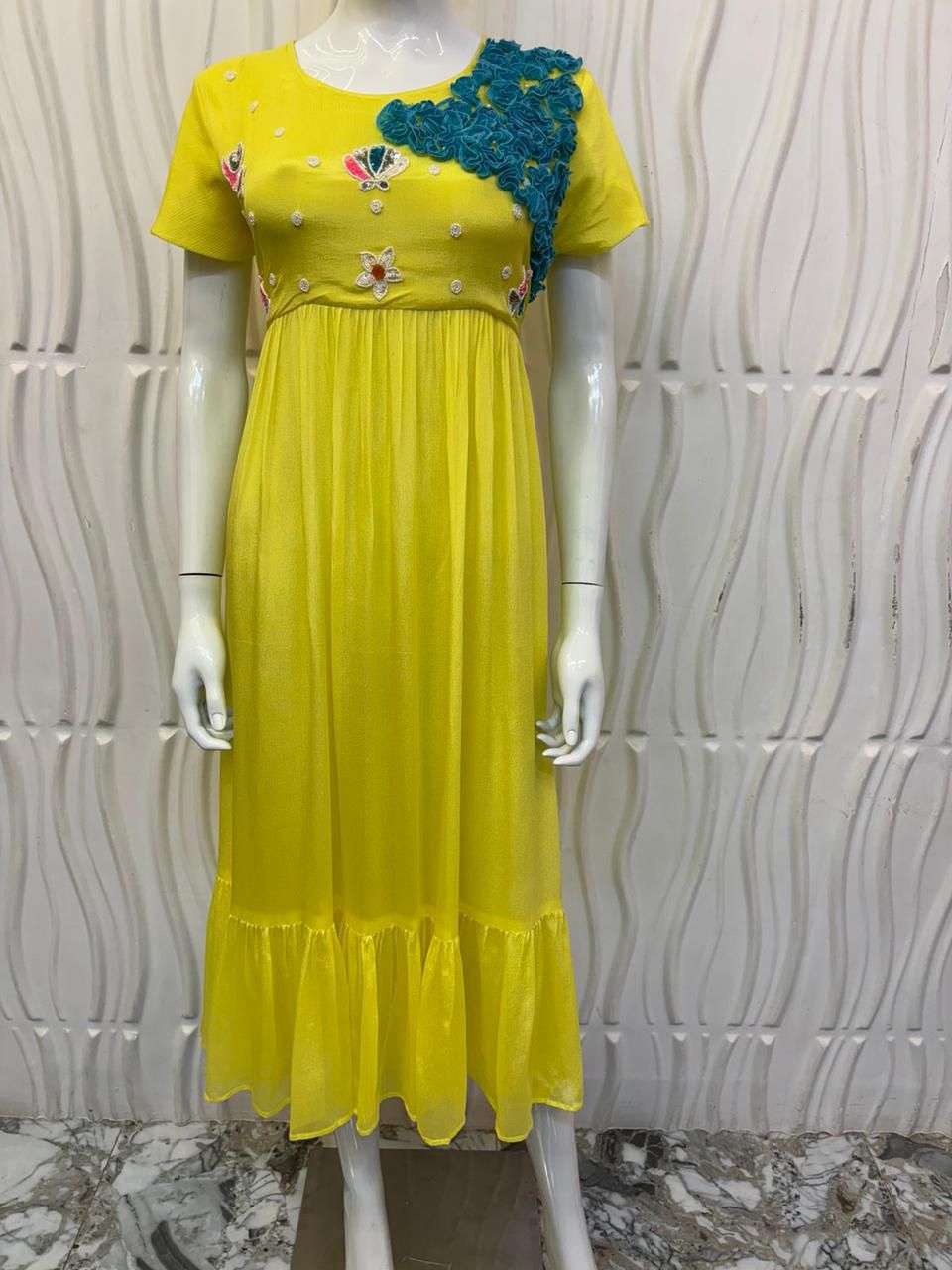 Elegant Yellow Chinnon Midi Frock with Hand Embroidery & Lace Detail