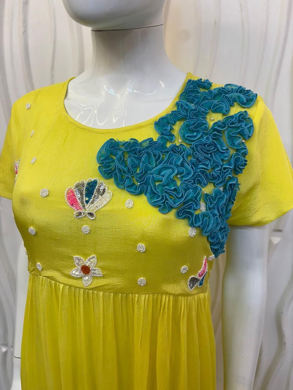 Elegant Yellow Chinnon Midi Frock with Hand Embroidery & Lace Detail