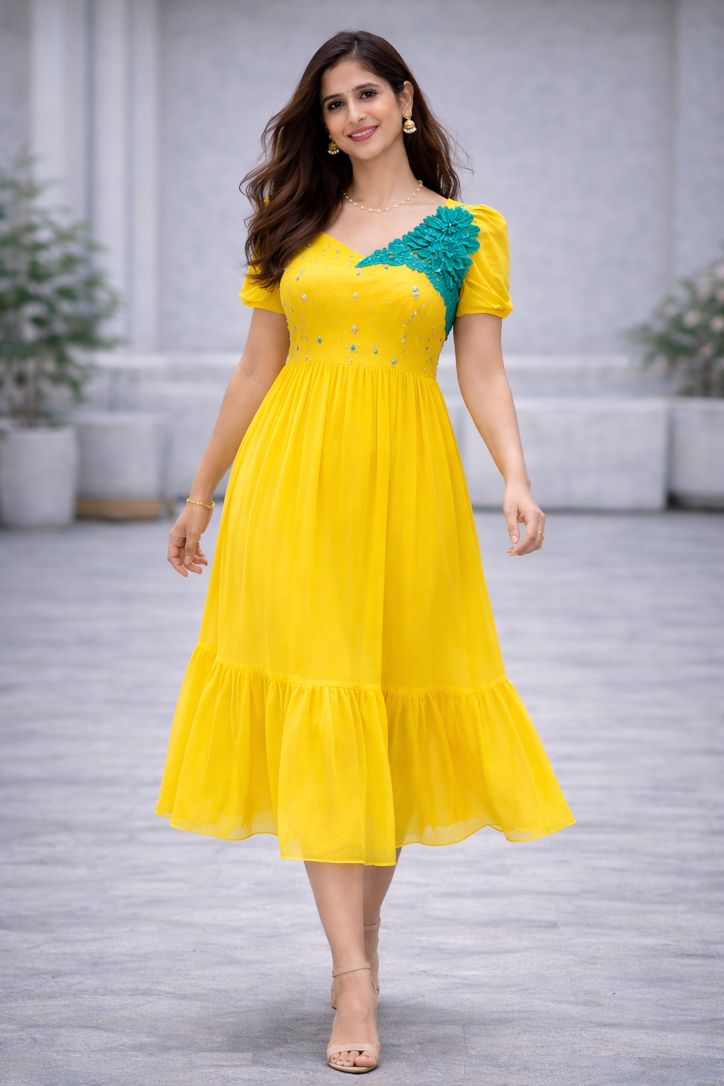 Elegant Yellow Chinnon Midi Frock with Hand Embroidery & Lace Detail