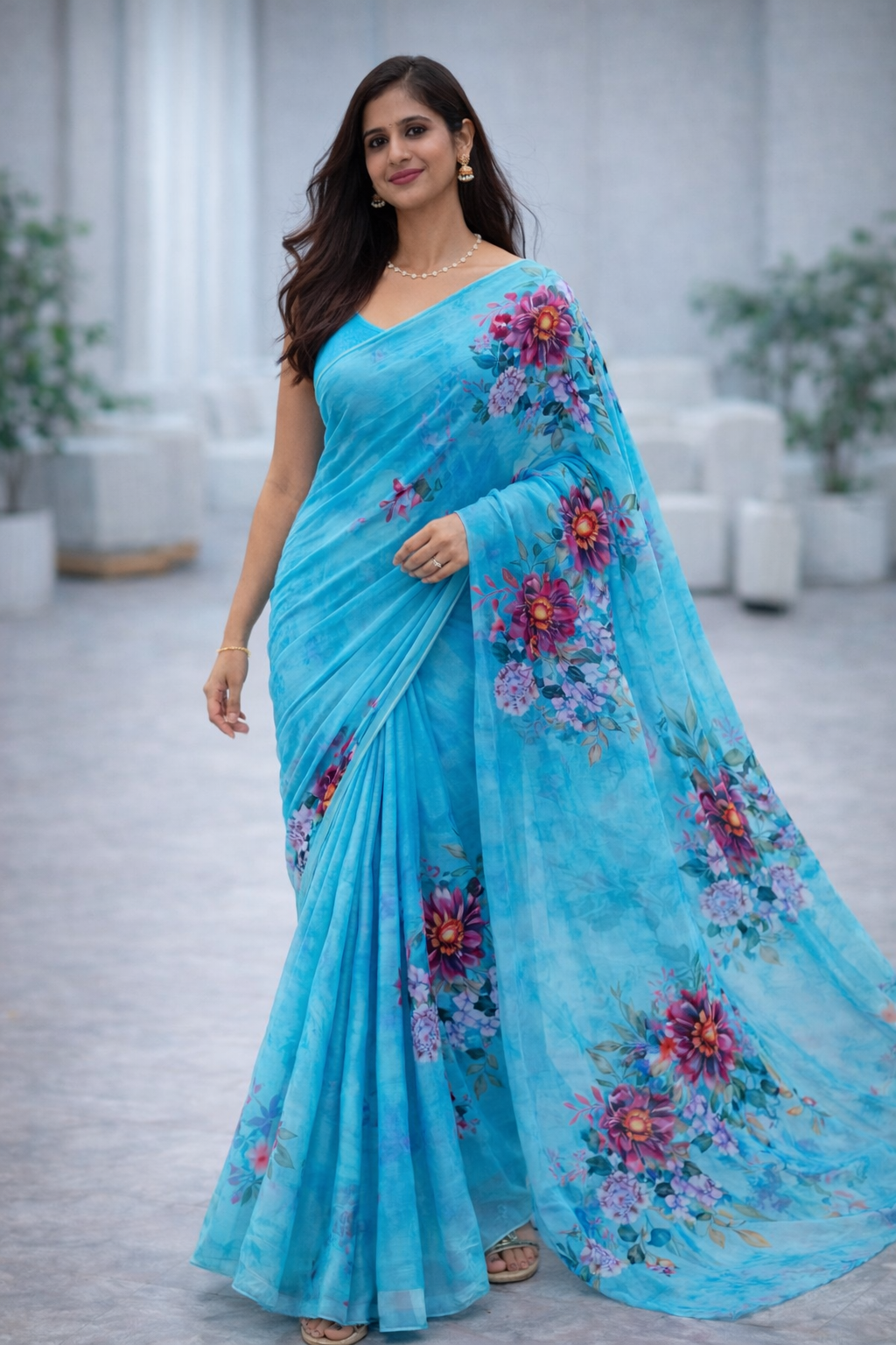 Sky Blue Floral Chiffon Saree for Women | Lightweight Designer Party Wear Saree