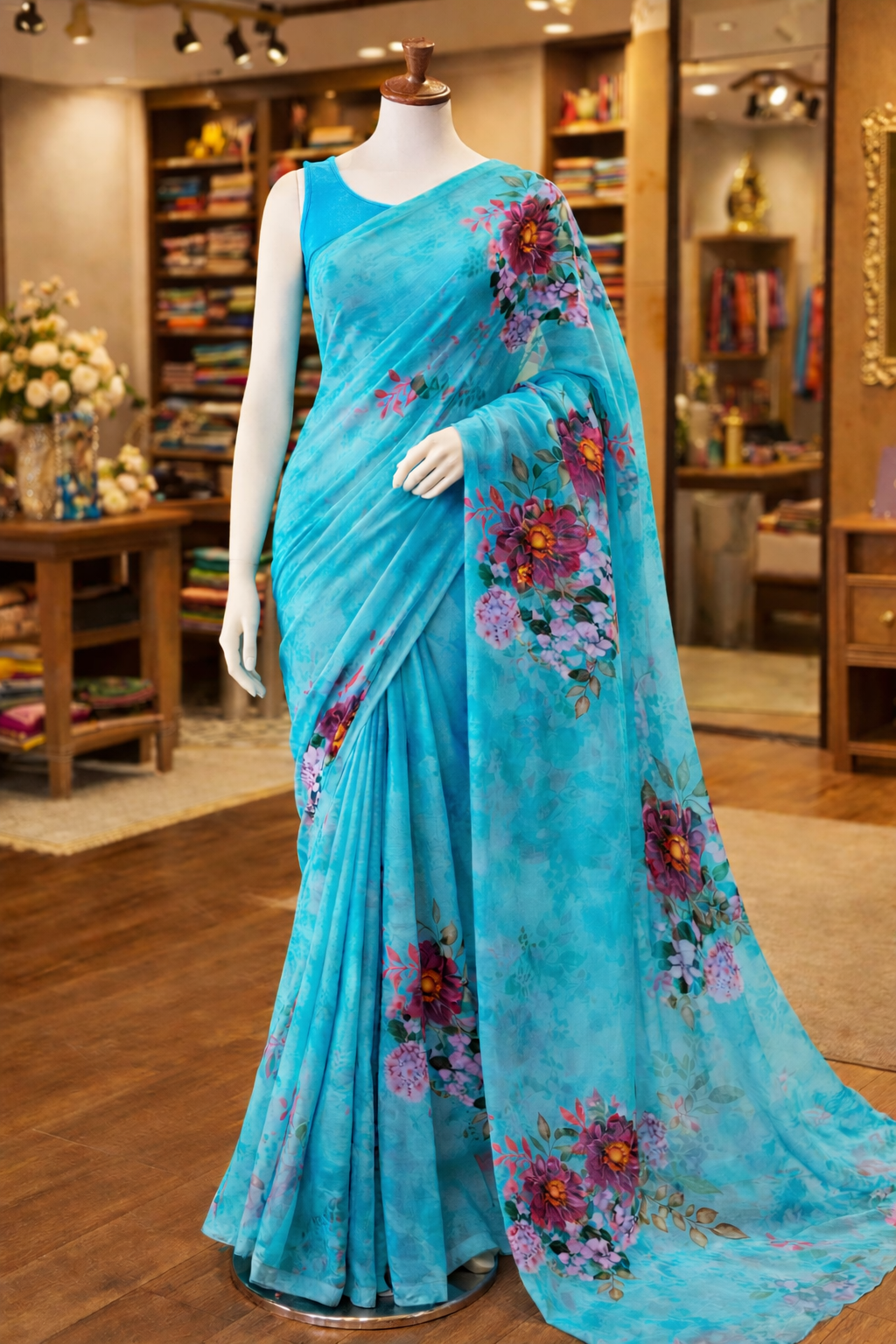 Sky Blue Floral Chiffon Saree for Women | Lightweight Designer Party Wear Saree