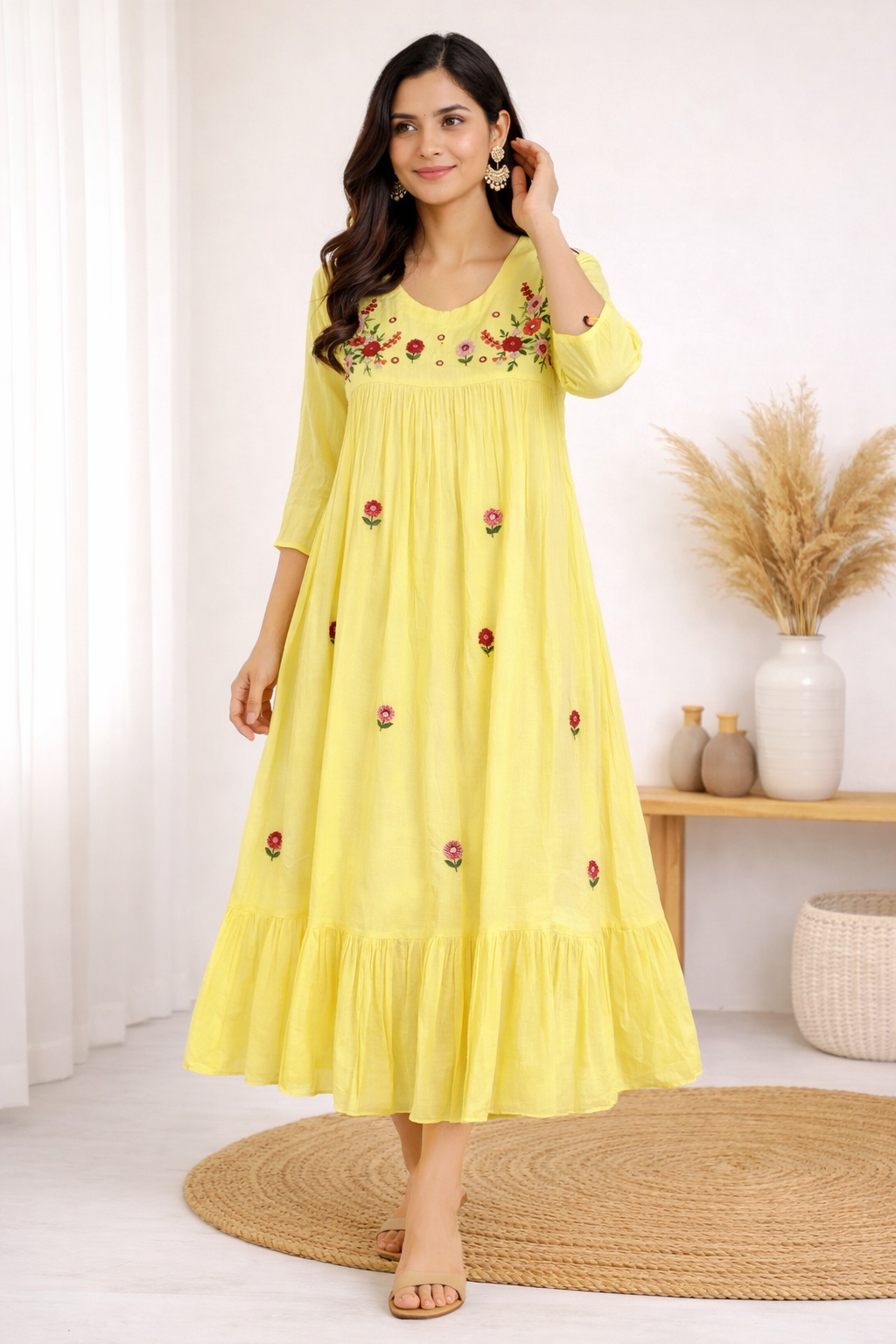 Yellow floral midi dress