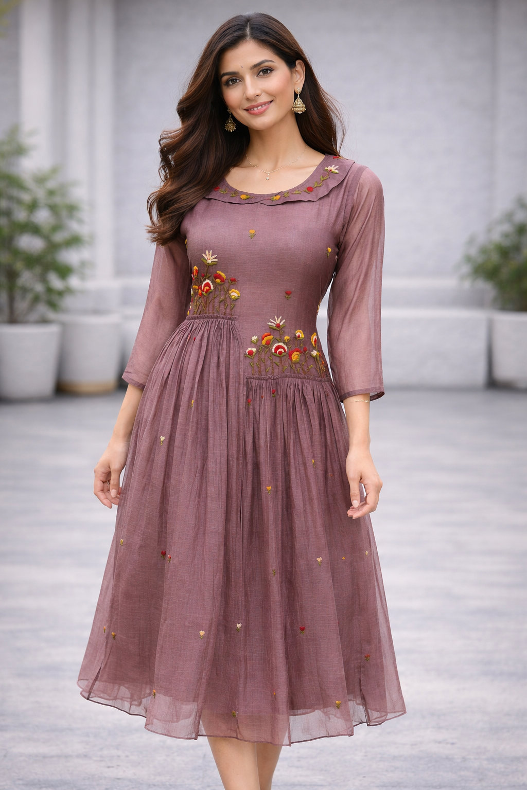 Dusty Mauve Chinnon Frock with Floral Embroidery & Layered Flare